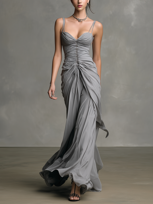 Women's Fashionable Grey Slim-fit Ruched Chiffon Spaghetti Strap Maxi Dress