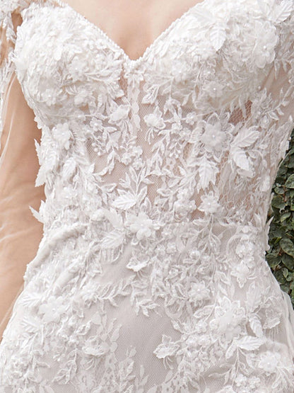 Wedding Flared Sleeves Backless Embroidered See-Through V-Neck Maxi Dresses