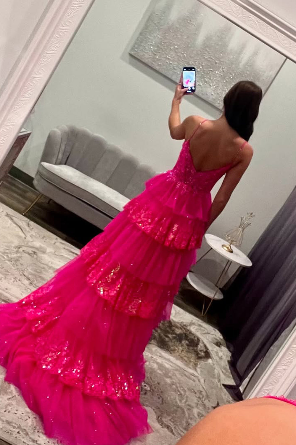 Cute A Line V Neck Hot Pink Tulle Prom Dress with Sparkly Appliques