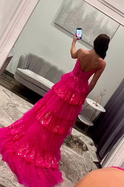 Cute A Line V Neck Hot Pink Tulle Prom Dress with Sparkly Appliques