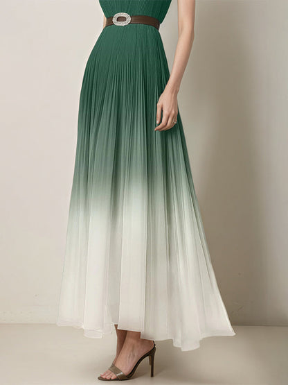 Evening Dress Green-White Ombre Pleated Chiffon Belt Ankle Length Dress