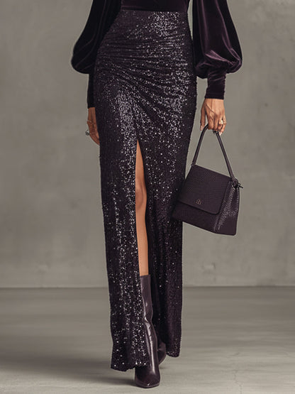 Purple Velvet Sequined Slit Long Sleeve Maxi Dress