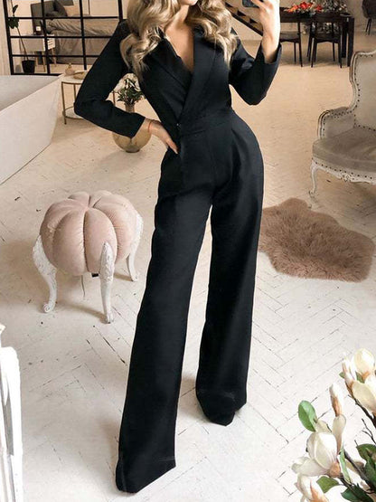 Fashion Solid Color V-Neck Empire Loose Long Sleeve Jumpsuit