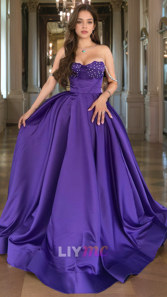 LP796 - A Line Sweetheart Beads Purple Satin Long Formal Prom Dress