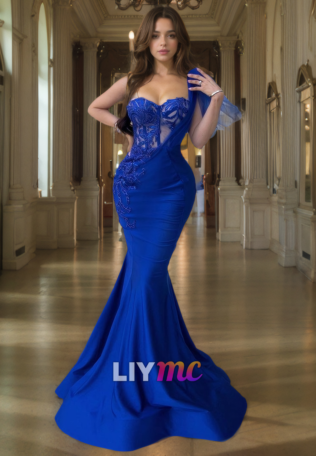 LP792 - One Shoulder Appliques Overskirt Mermaid Long Formal Prom Dress