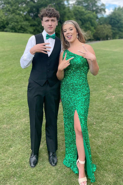 One Shoulder Sleeveless Sequins Side Slit Sheath Prom Dress