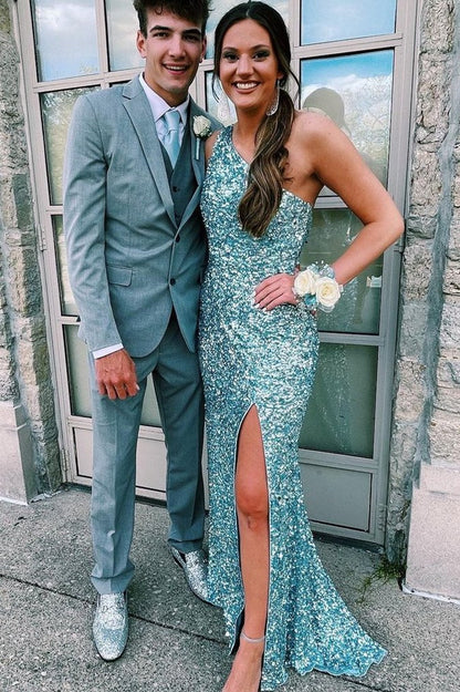 One Shoulder Sleeveless Sequins Side Slit Sheath Prom Dress