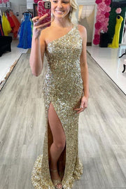 One Shoulder Sleeveless Sequins Side Slit Sheath Prom Dress