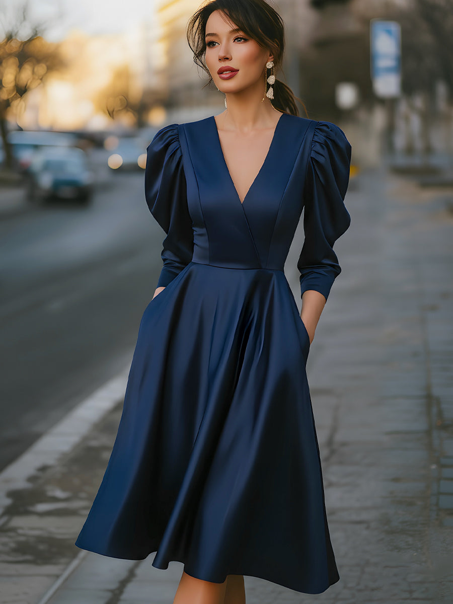 Satin Puff Sleeve V-Neck Dress