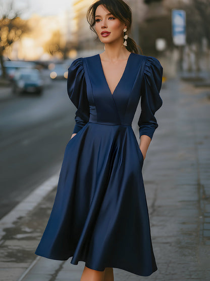 Satin Puff Sleeve V-Neck Dress