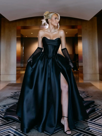 Classic Black Straight Across Split Satin Prom Dress With Gloves YK0525