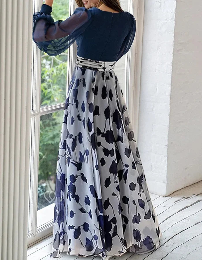 Elegant Navy Chiffon Gown with Floral Print Skirt and Sheer Bishop Sleeves