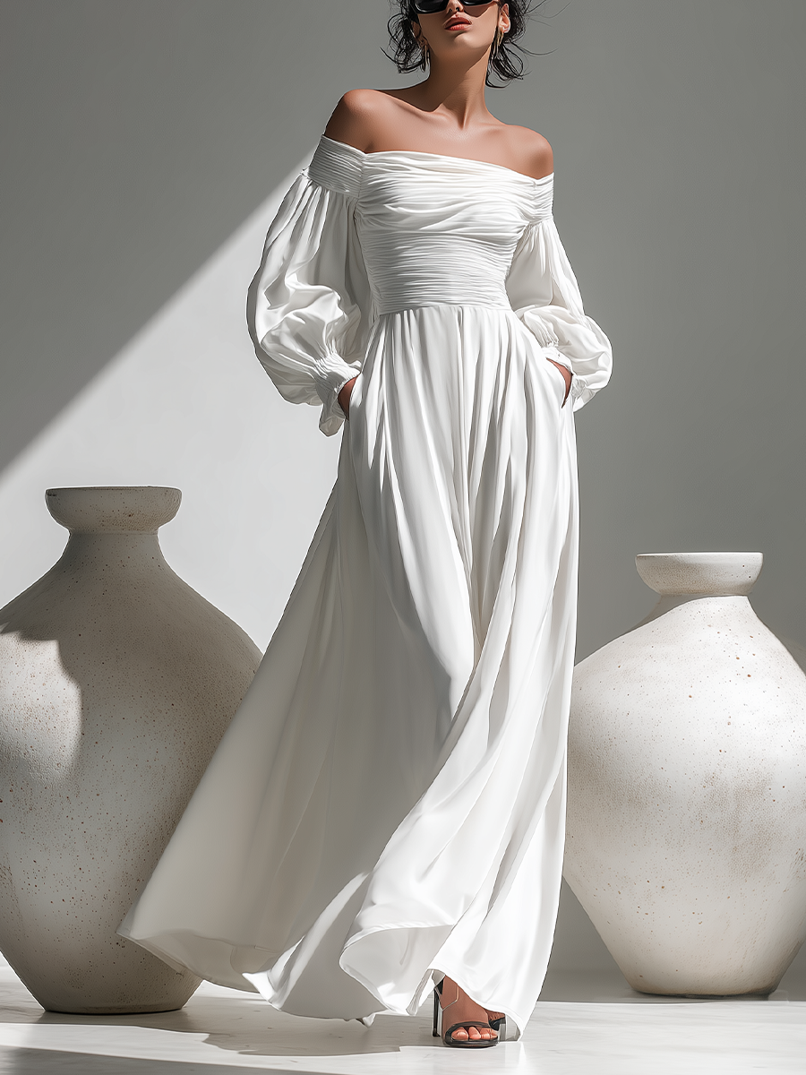 Women's White Chiffon Off-the-shoulder Long Dress With Puff Sleeves And Ruffles