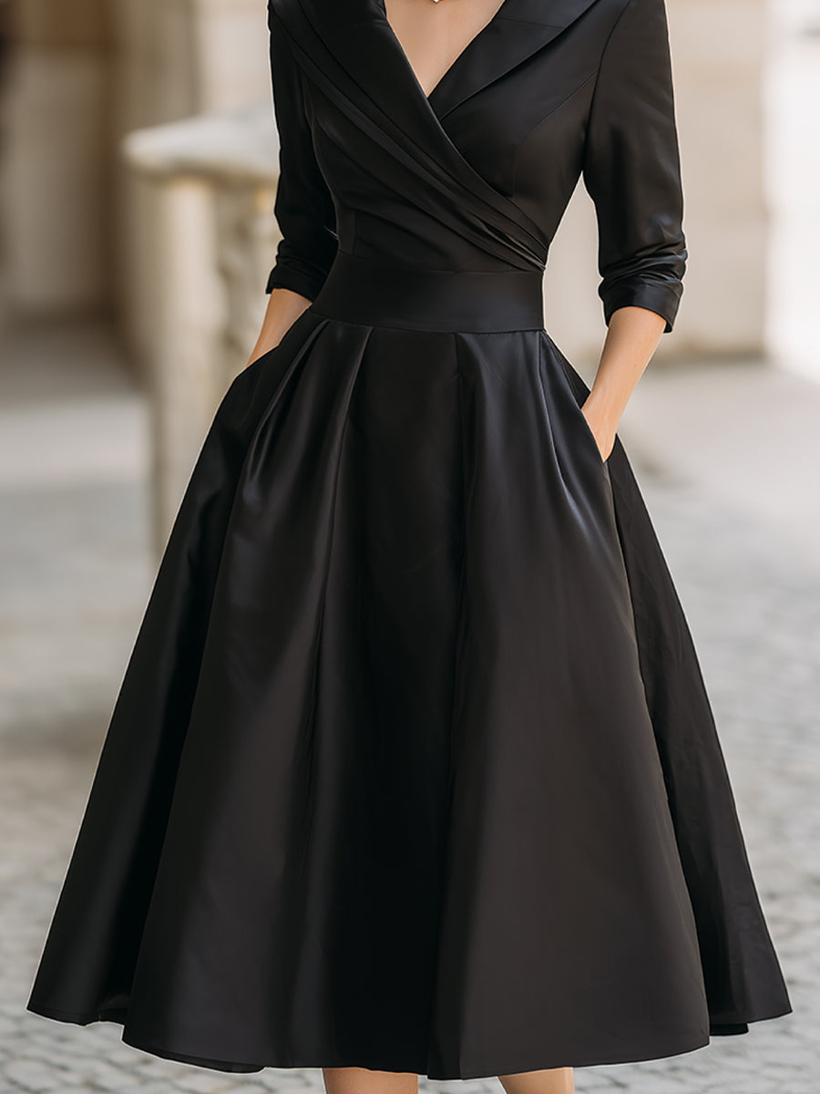 black satin midi dress long sleeve Black Satin Dress - Long Sleeve Midi Dress - Stretch Satin Dress