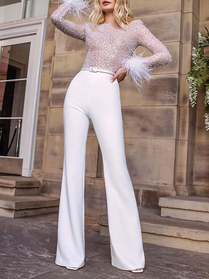 Round-Neck Long Sleeve Shiny Feathers Empire Straight Leg Jumpsuits