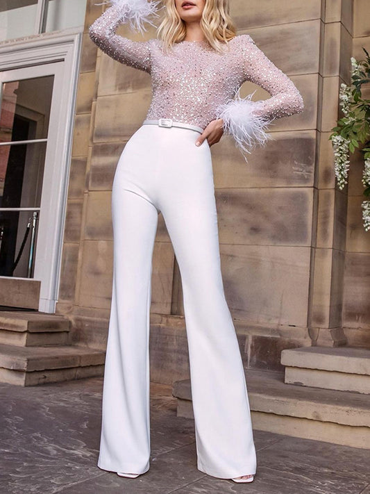 Round-Neck Long Sleeve Shiny Feathers Empire Straight Leg Jumpsuits