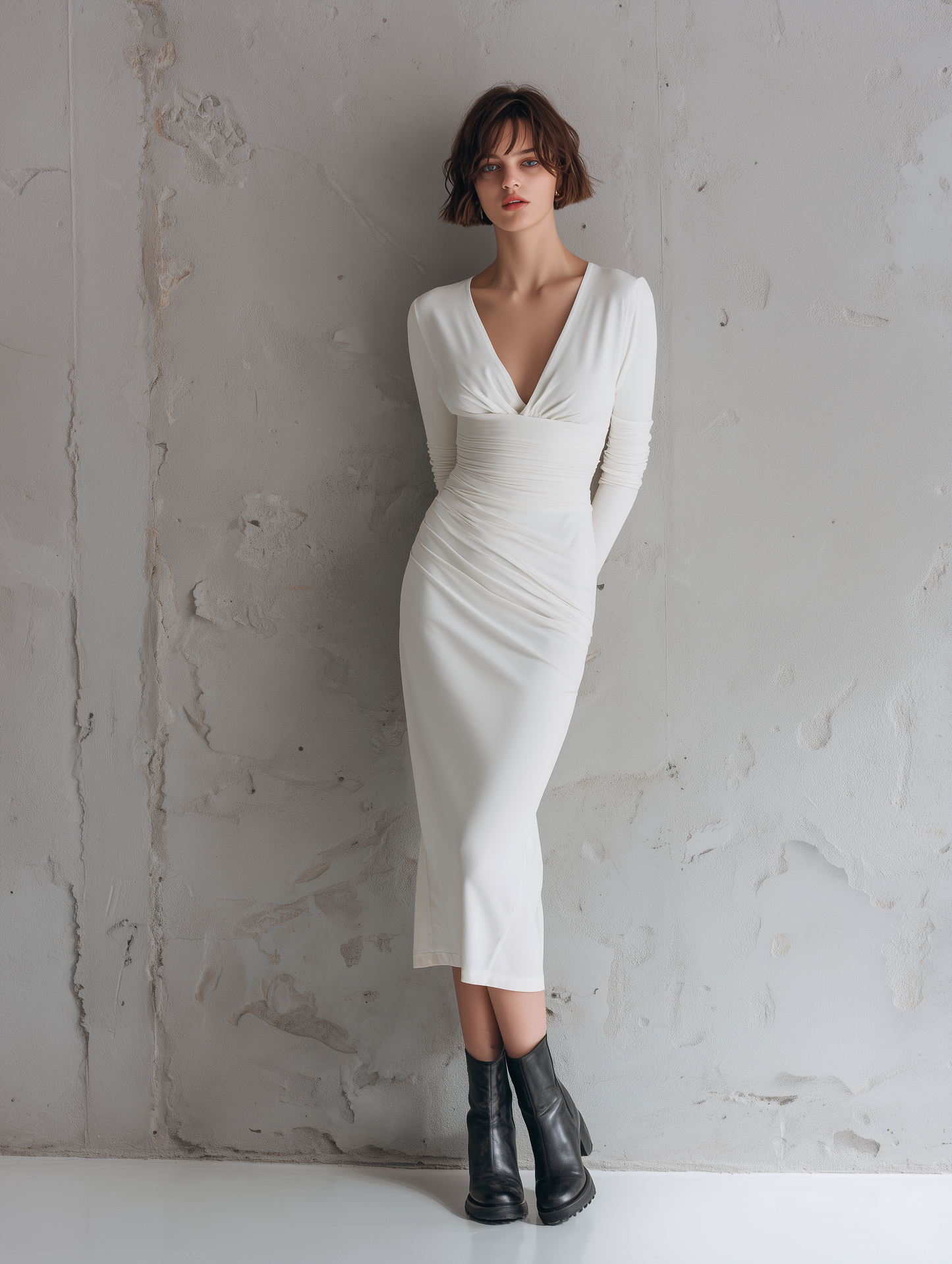 Women's Elegant White V-neck Knitted Stretch Slim-fit Long-sleeved Midi Dress