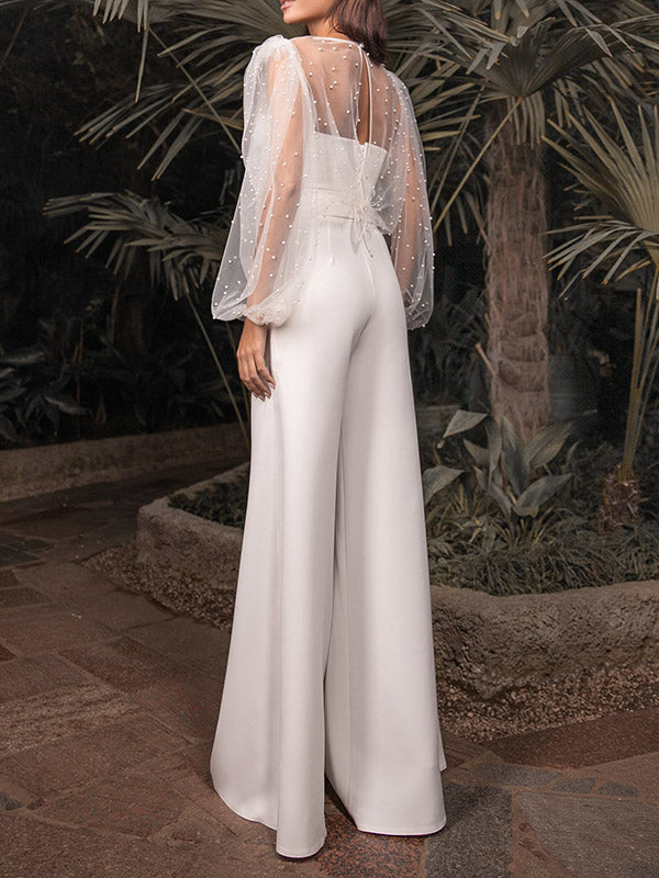 Simple Round-Neck Long Sleeve See-Through Wide Leg Jumpsuit