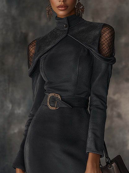 Gray Vintage Faux Suede Mini Dress With Mesh And Belt