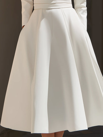 Elegant White Satin A-Line Midi Dress With Deep V-Neck