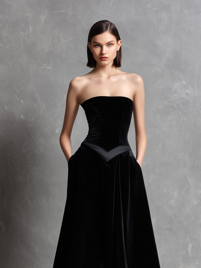 Women's Elegant Black Velvet Strapless Long Evening Dress