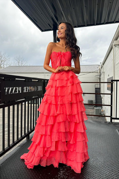 Cute A Line Sweetheart Coral Chiffon Tiered Prom Dress with Slit