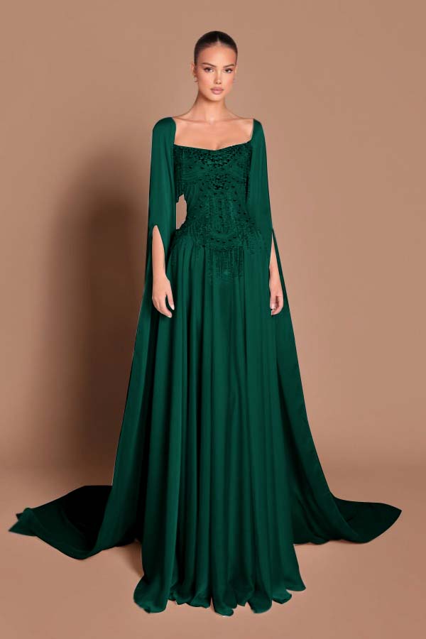Square Neck Long Sleeves Long Prom Dress With Rhinstone And Pearl Beadings