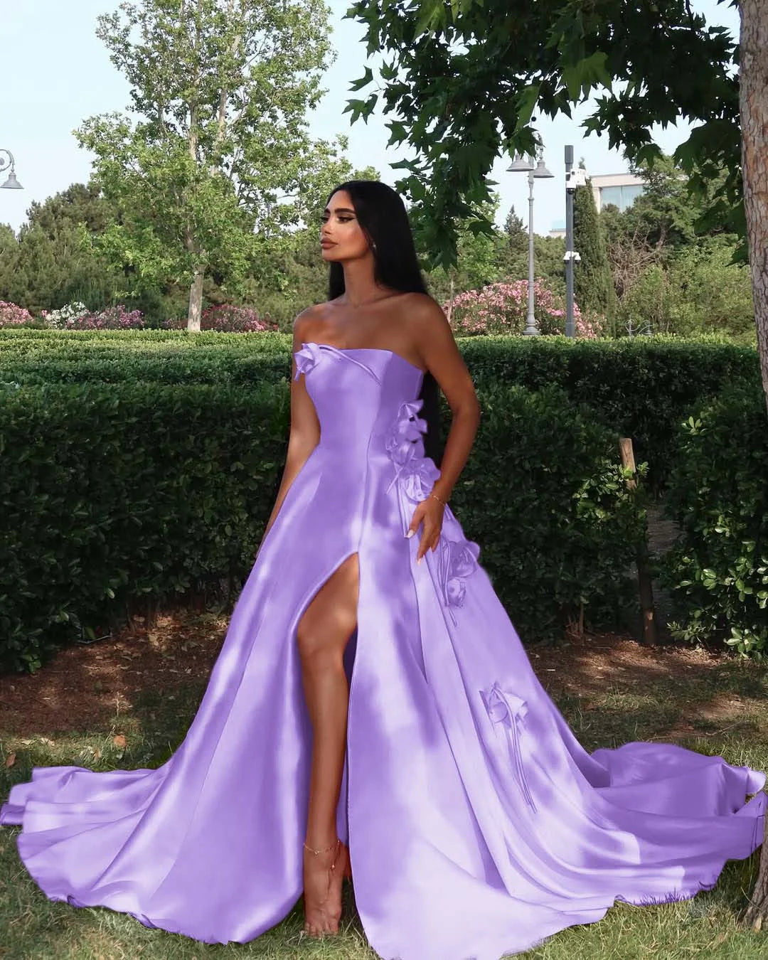 Elegant Straight Across Pink Split Sleeveless Handmade Flower Prom Dress YK0162