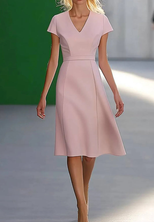 Wedding Guest Semi-Formal Dress Light Pink V-Neck Knee-Length Dress