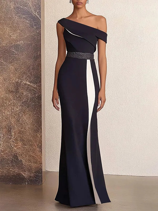 Formal Off-Shoulder Dress Black and White Colorblock Maxi Dress