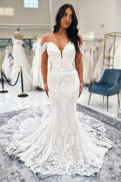 Off Shoulder Tulle Lace Appliqued Mermaid Boho Wedding Dresses for Bride