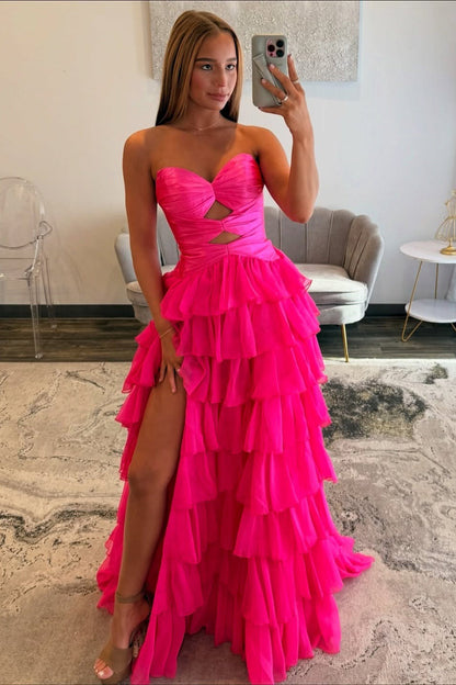 Sweetheart A Line Chiffon Ruffled Prom Dresses Strapless Keyhole Evening Gowns for Women
