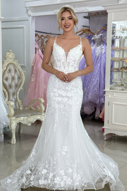 Mermaid Tulle Appliqued V Neck Boho Wedding Dresses Plus Size Bride Wedding Gowns