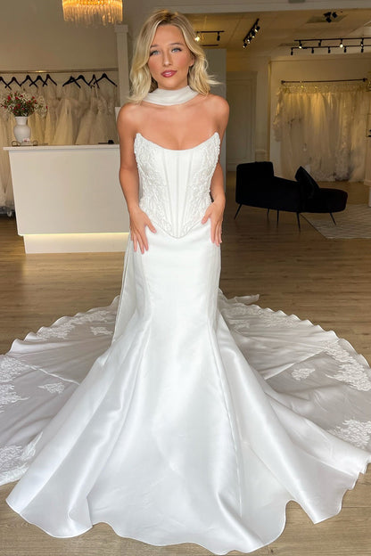 Satin Corset Lace Appliqued Wedding Dresses Mermaid Plus Size Wedding Gowns for Bride