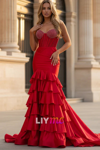 Women's Sweetheart Satin Ruffles Corset Beaded Long Prom Dresses with Side Slit