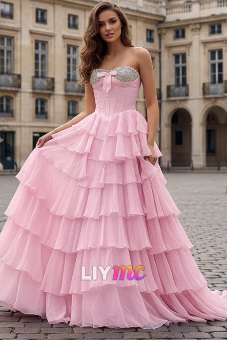 Sweetheart Corset Crystal Beaded Prom Dresses A Line Chiffon Ruffled Evening Gowns