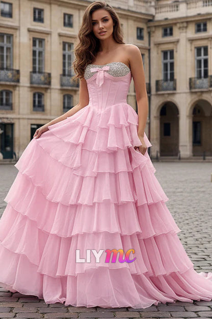 Sweetheart Corset Crystal Beaded Prom Dresses A Line Chiffon Ruffled Evening Gowns