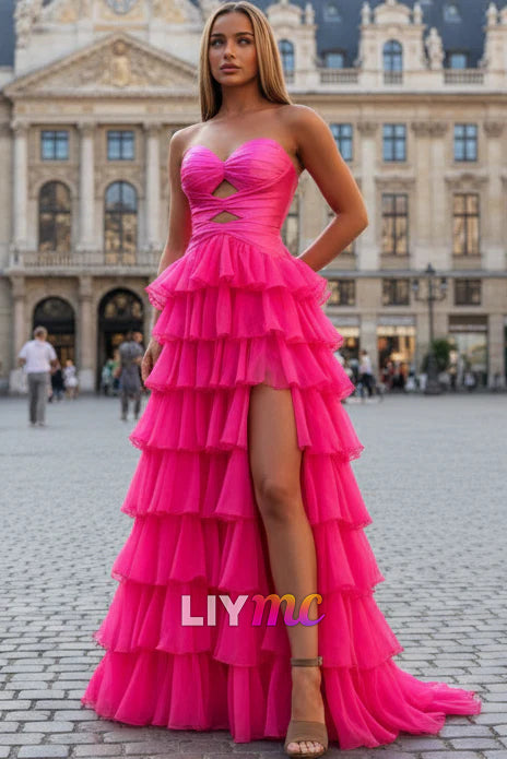 Sweetheart A Line Chiffon Ruffled Prom Dresses Strapless Keyhole Evening Gowns for Women