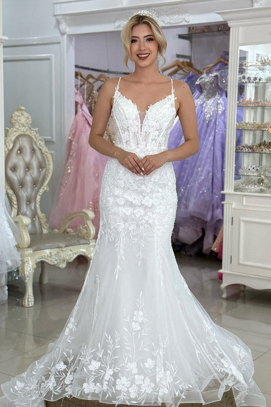 Mermaid Tulle Appliqued V Neck Boho Wedding Dresses Plus Size Bride Wedding Gowns