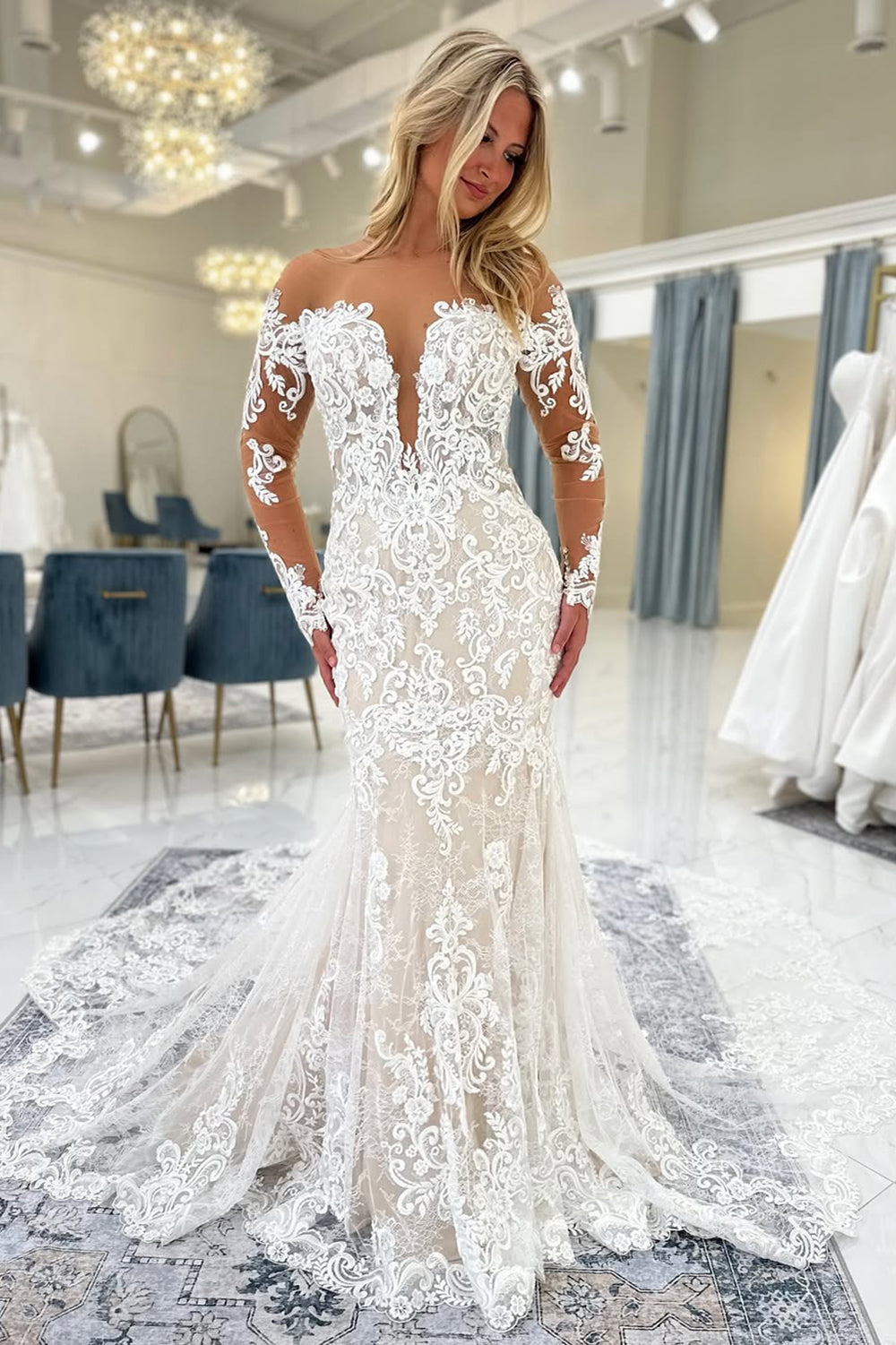Off Shoulder Long Sleeves Tulle Lace Appliqued Mermaid Wedding Dresses for Bride