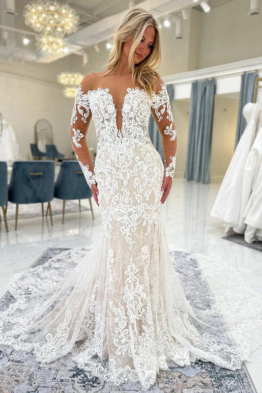 Off Shoulder Long Sleeves Tulle Lace Appliqued Mermaid Wedding Dresses for Bride