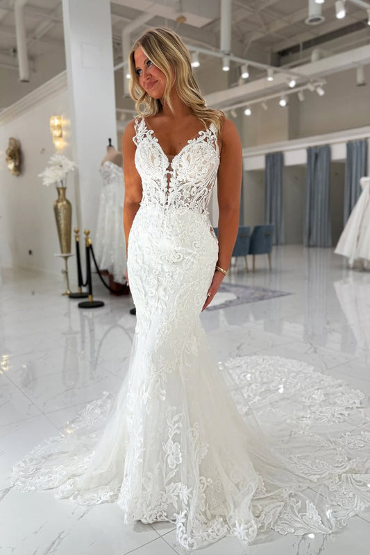 Mermaid Tulle Lace Appliqued V Neck Beach Wedding Dresses for Women