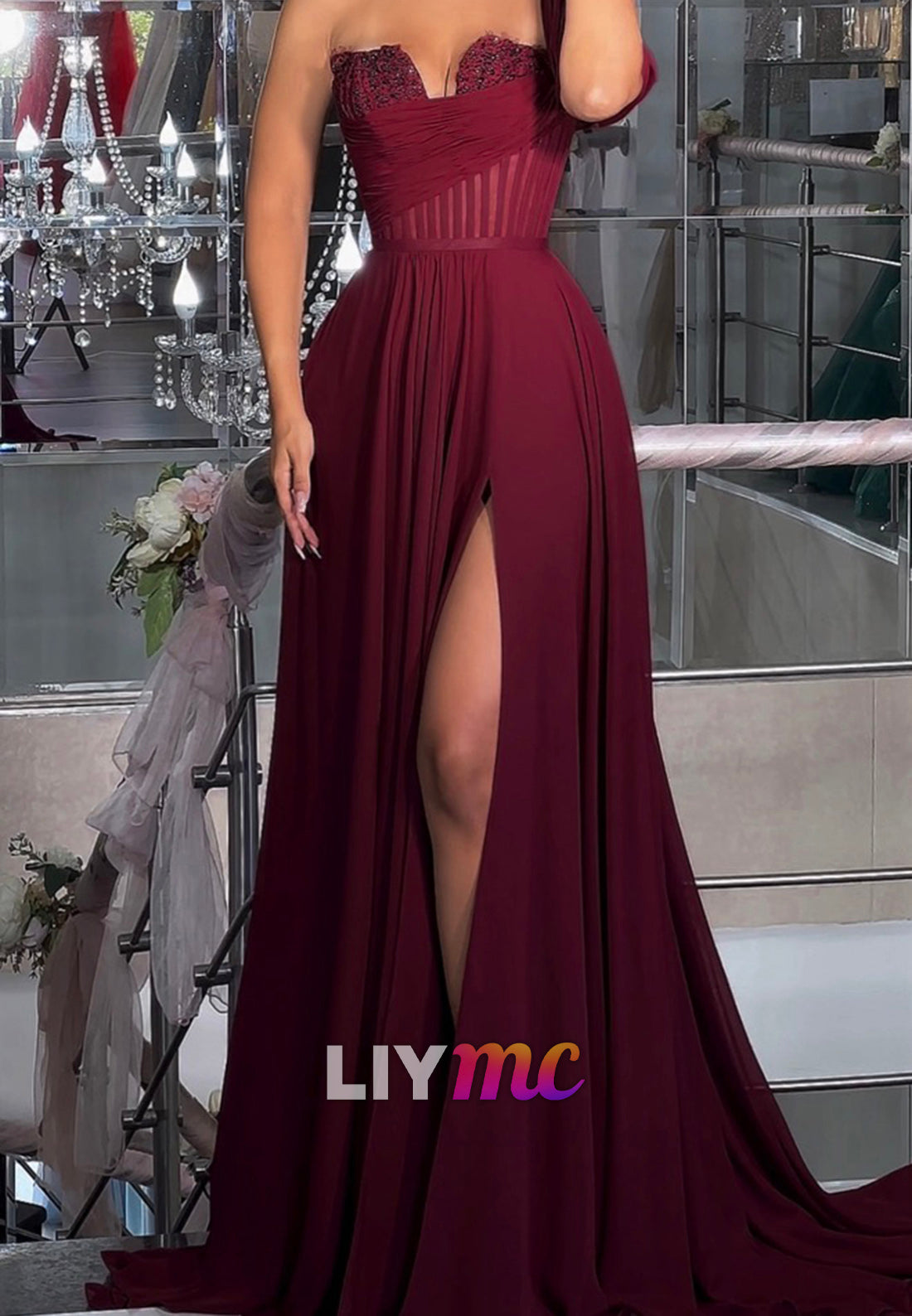 One Shoulder Sleeveless Side Slit Pleated A-Line Prom Dress