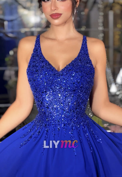 V-Neck Spaghetti Straps Appliques Sequins A-Line Prom Dress