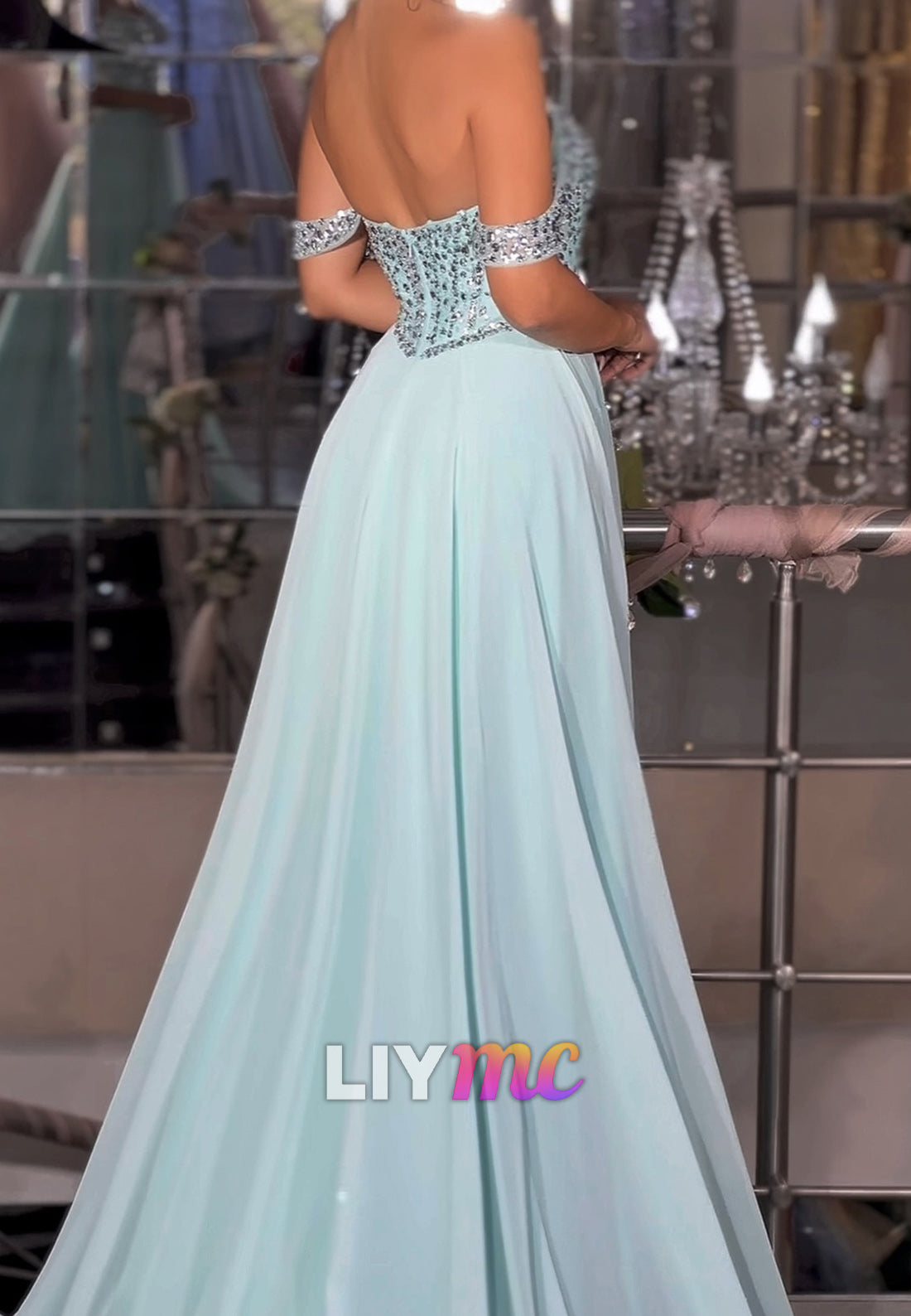 Off-Shoulder Sleeveless Beaded Side Slit A-Line Prom Dress