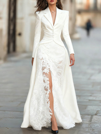 Elegant Tailored Blazer Panel Lace Gown Set