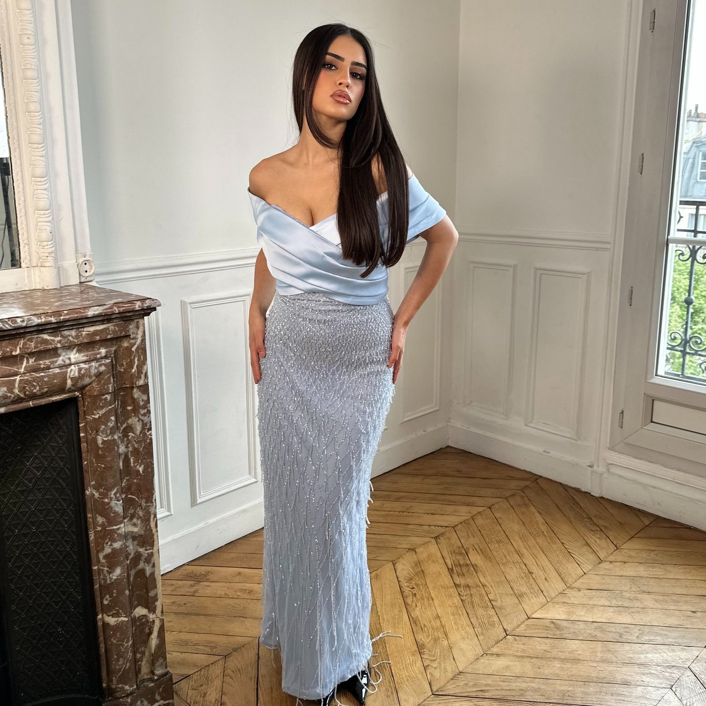 Off-Shoulder Beaded Embroidery Sheath Evening Dress