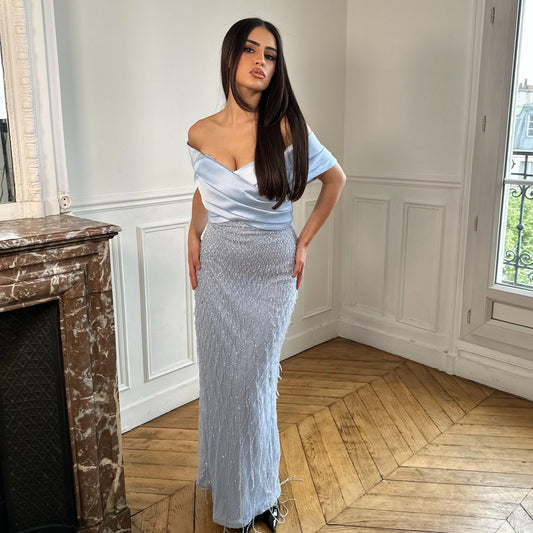 Off-Shoulder Beaded Embroidery Sheath Evening Dress