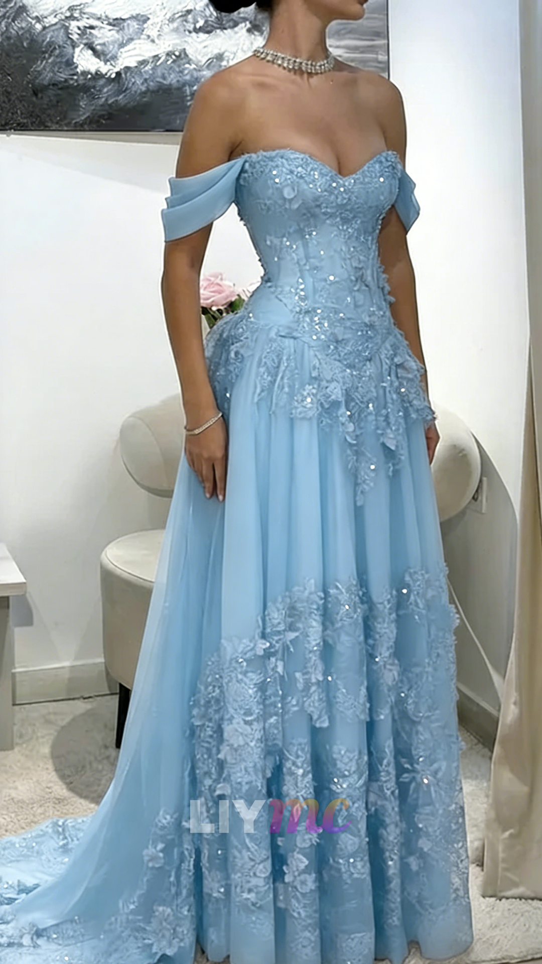 Off-Shoulder Appliques Tulle A-Line Corset Prom Dress