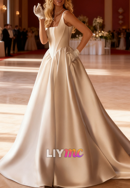 Square Straps Corset Satin A-Line Wedding Dress